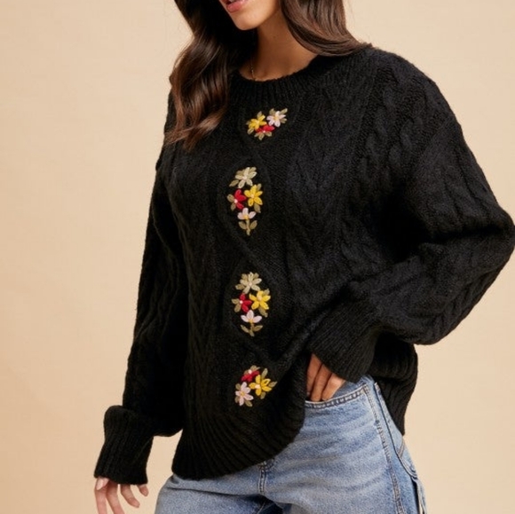 Cable Knit Pullover Black Floral Embroidered Sweater - Picture 4 of 6